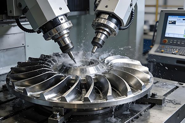 5-axis CNC machining center cutting a metal aerospace component